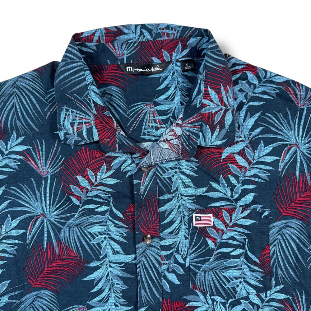 Travis Mathew‎ Button Up Shirt Mens XL Blue Red Tropical Palm Leaf Short Sleeve